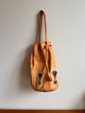 Vintage Tooled Leather Beaded Bucket Bag - Western Boho Shoulder Purse